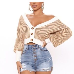 Fashion Nova Cropped Beige & White Off-Shoulder Button Sweater